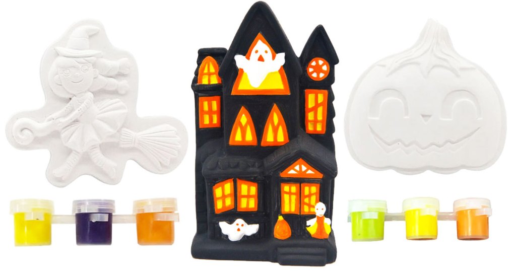 witch, halloween house, and pumpkin shaped ceramic kits with three colors of paint each
