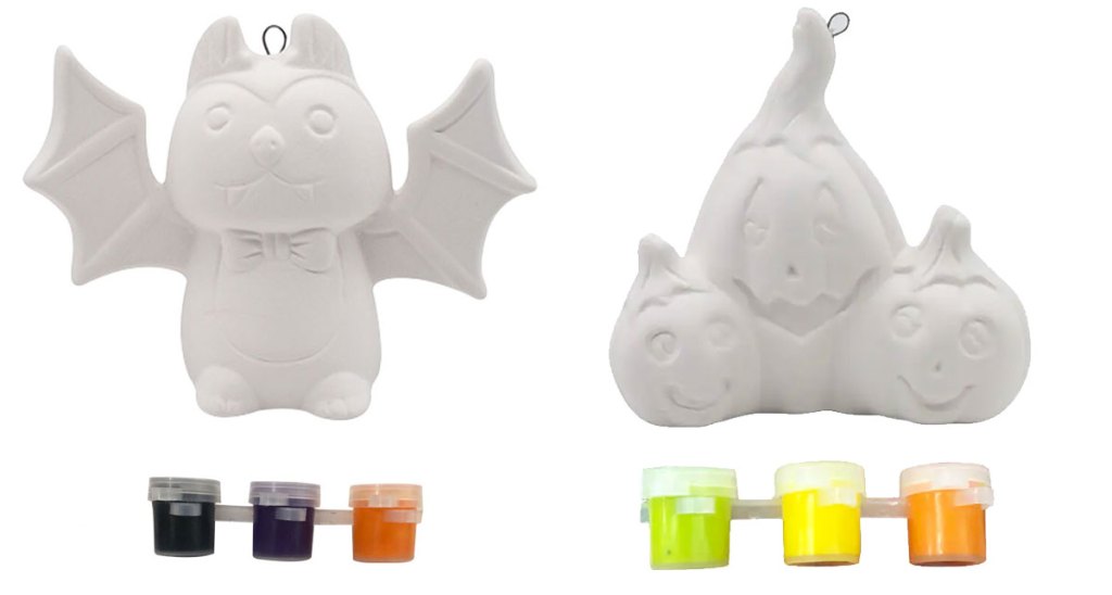 bat and pumpkin white ceramic ornament kits with three colors of paints each