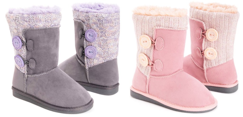 two pairs of girls muk luks boots in pink and purple with sweater and button details