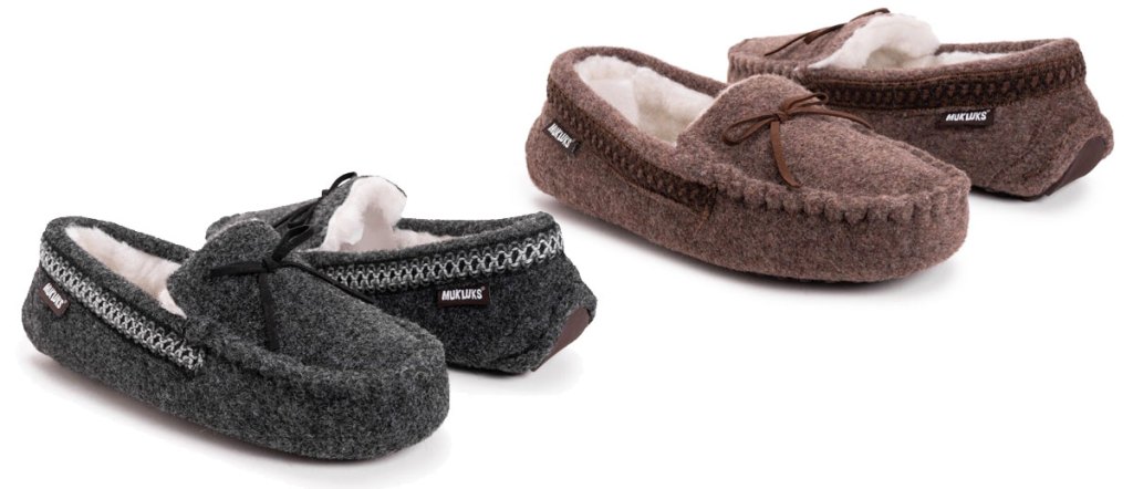 two pairs of men's muk luks moccasin slippers in black and brown colors