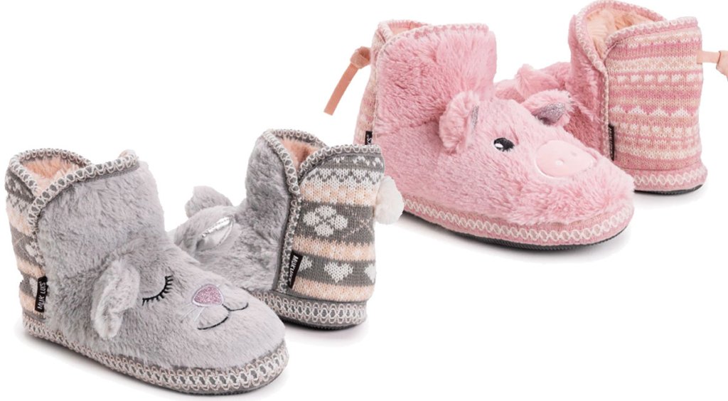 two pairs of womens muk luks critter slippers in grey bunnies and pink pigs