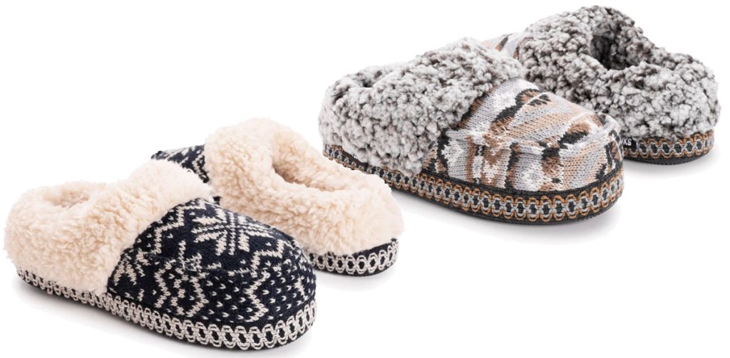 two pairs of muk luks women's slippers in brown and navy prints