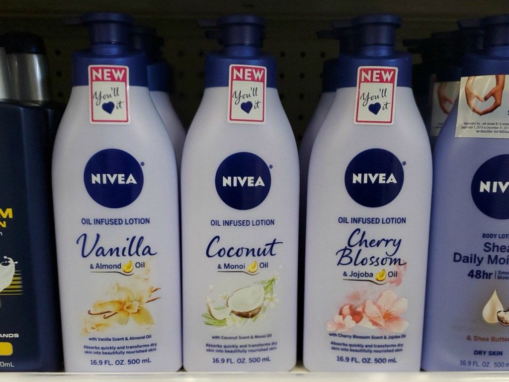 various bottles of lotion on store shelf