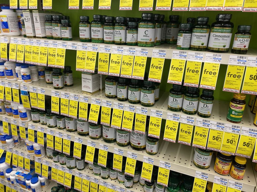 display of Nature's Bounty vitamins at CVS