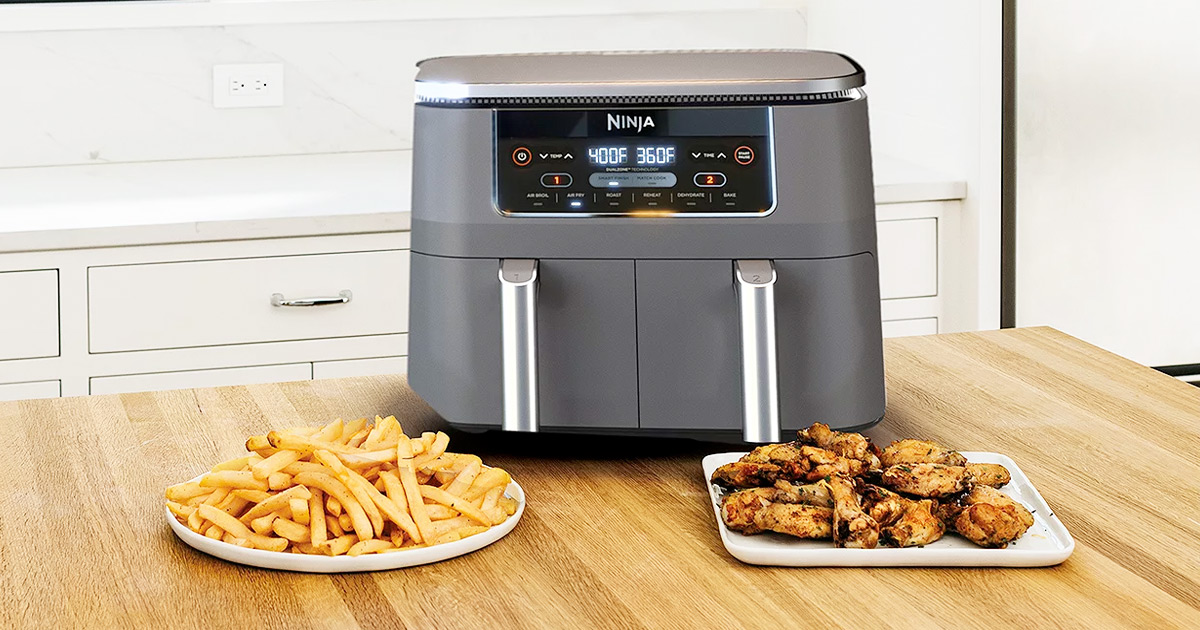 grey Ninja Foodi air fryer with two separate frying baskets and plates of fries and chicken on counter in front of it
