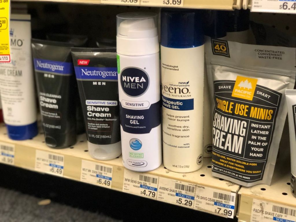 row of men's shaving products at CVS