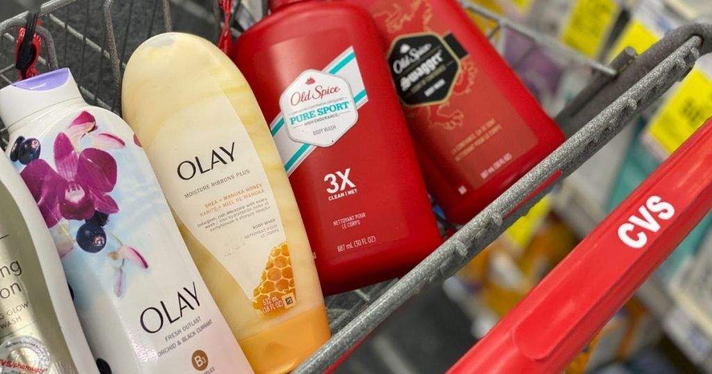 Olay and Old Spice body wash in CVS cart