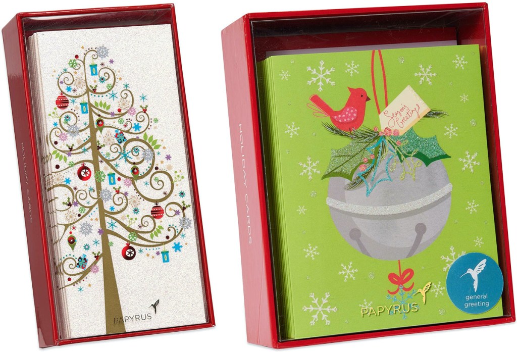 two boxes of Christmas cards