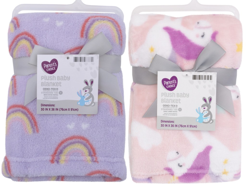 purple rainbow baby blanket and pink unicorn baby blanket