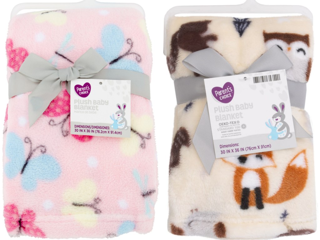 pink butterfly baby blanket and cream and brown fox baby blanket