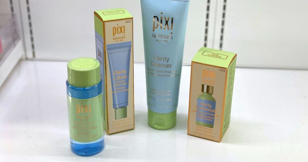 four pixi products on white shelf at target