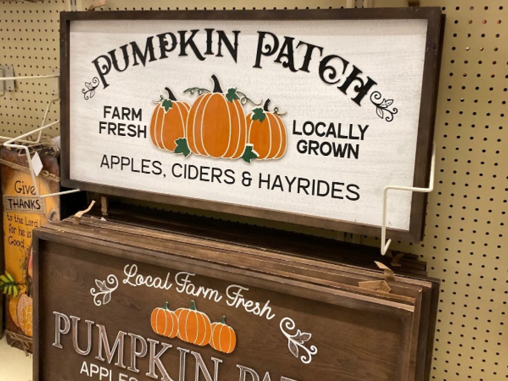 pumpkin patch wall decor signs hanging in store