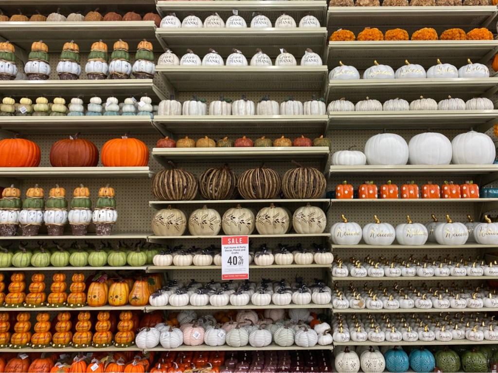 large selection of various pumpkin decor on store shelves