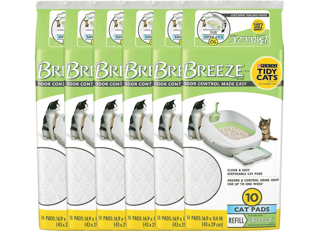 six packages of Purina Tidy Cats Breeze litter system refill pads