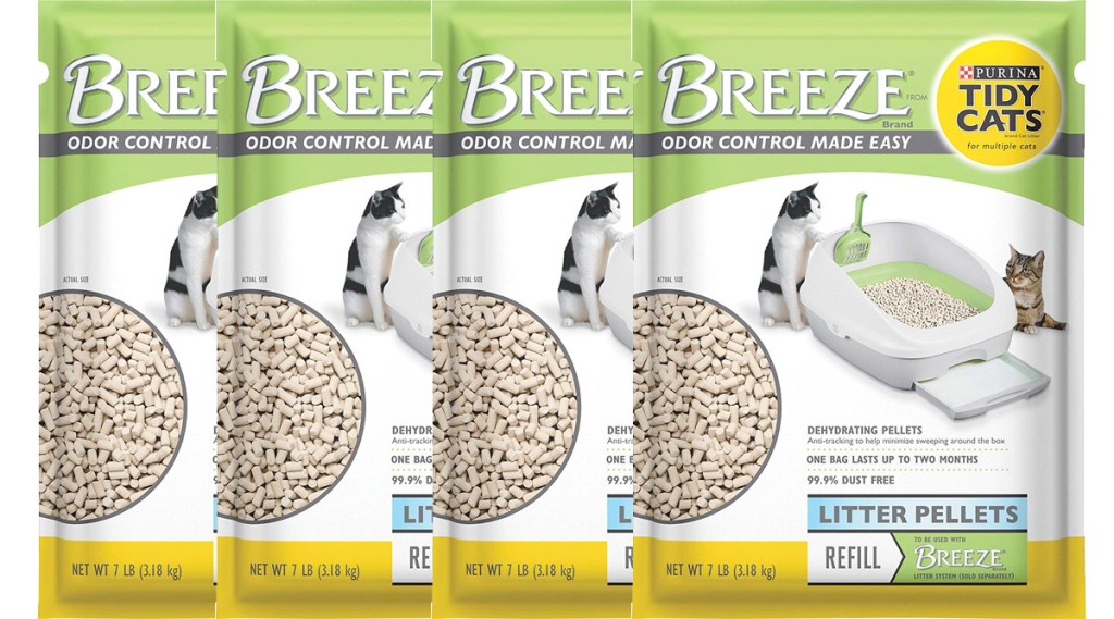 four packages of Purina Tidy Cats Breeze litter system refill pellets