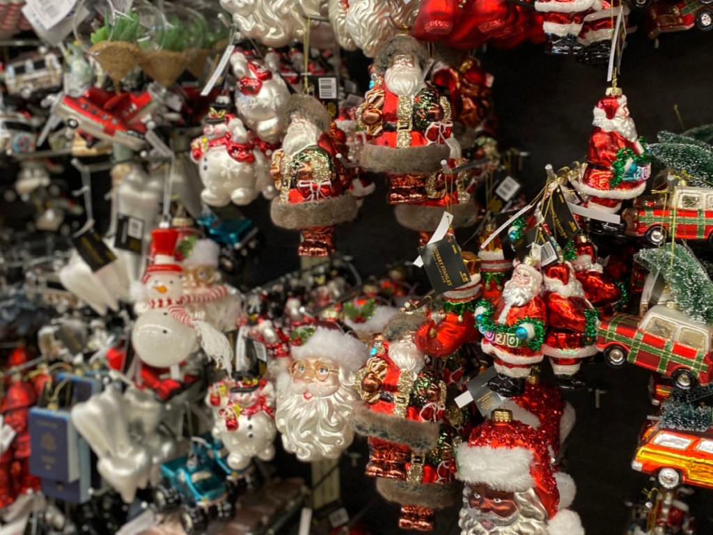 Santa ornaments hanging in store