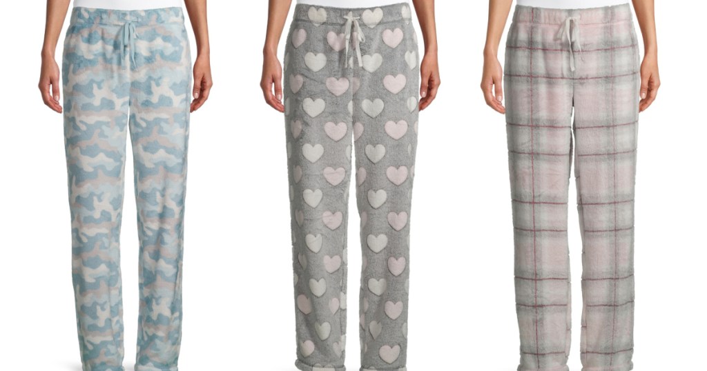 3 women standing next to each other wear fuzzy pajama bottoms