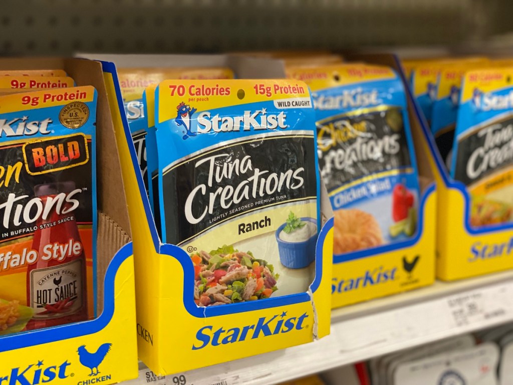 shelf with assorted starkist pouches including StarKist 2.6oz Tuna Creations Ranch