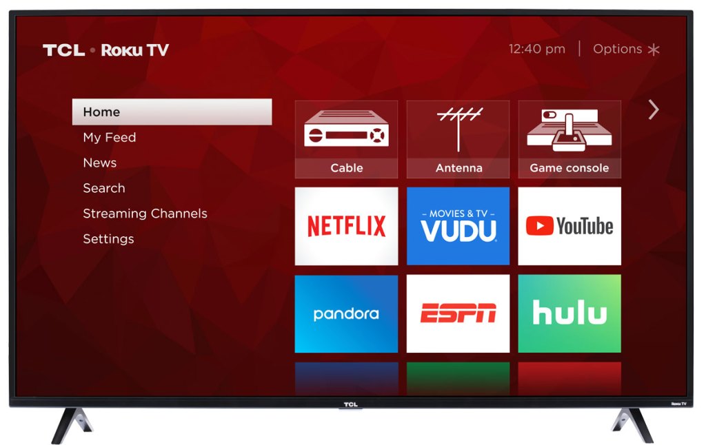 55" smart tv with red menu screen showing available options and apps