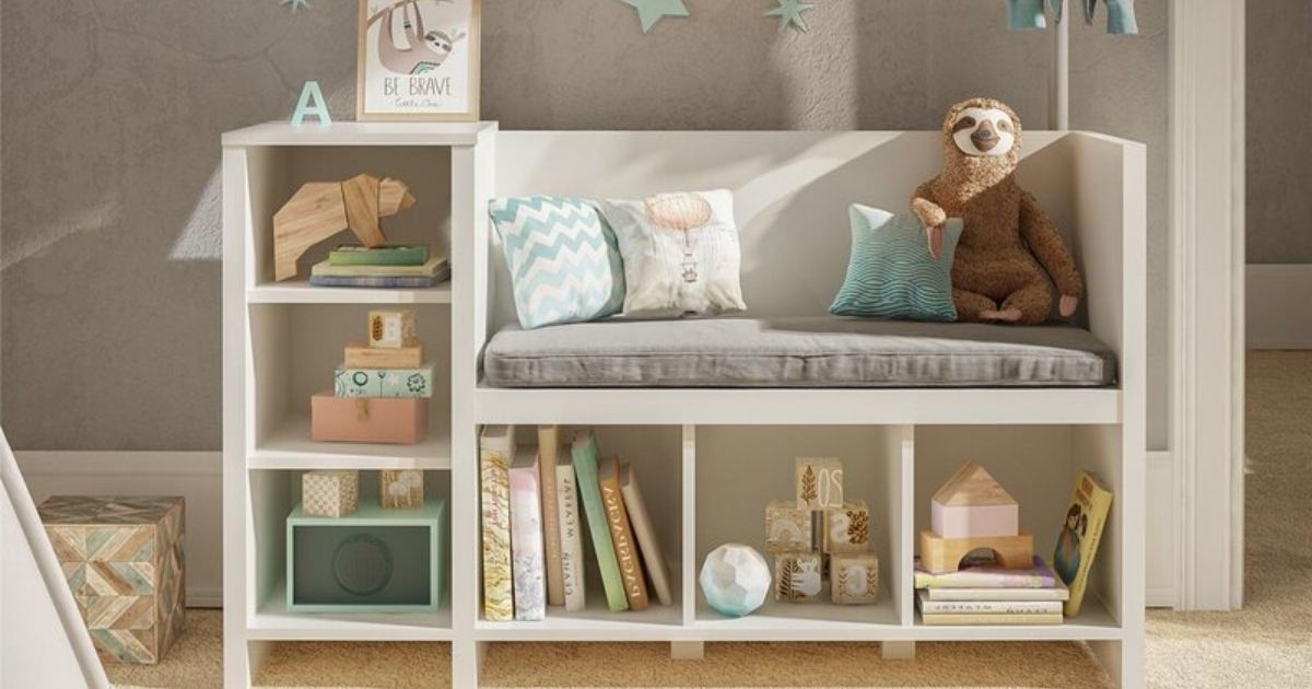 white storage shelf and bench with kids items