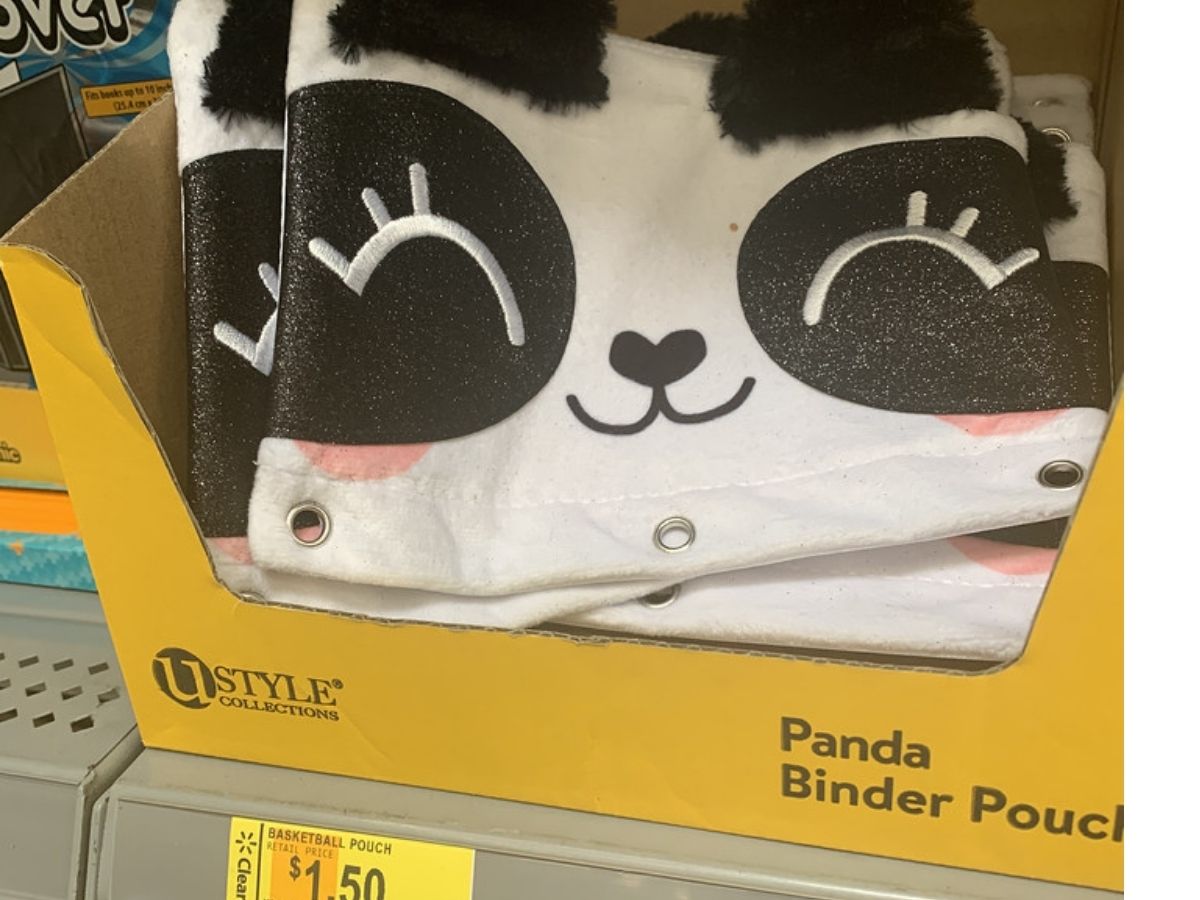 Panda Face Fuzzy Binder Pouch on display in-store