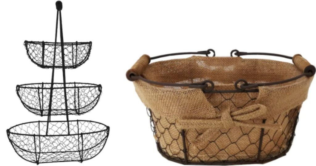 three tired baskets next to a basket with a jute liner
