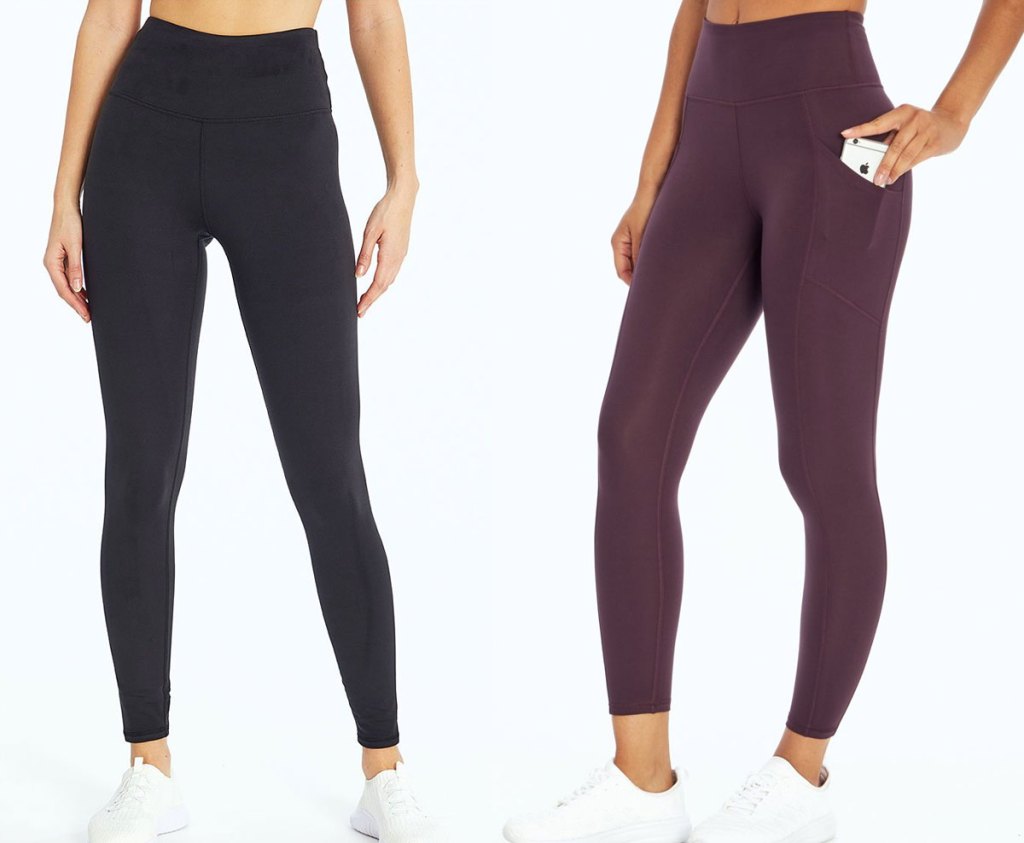 two women modeling workout leggings in black and maroon colors