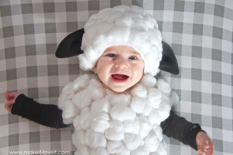 baby lamb costume which is a cheap and easy DIY halloween costume for kids or adults