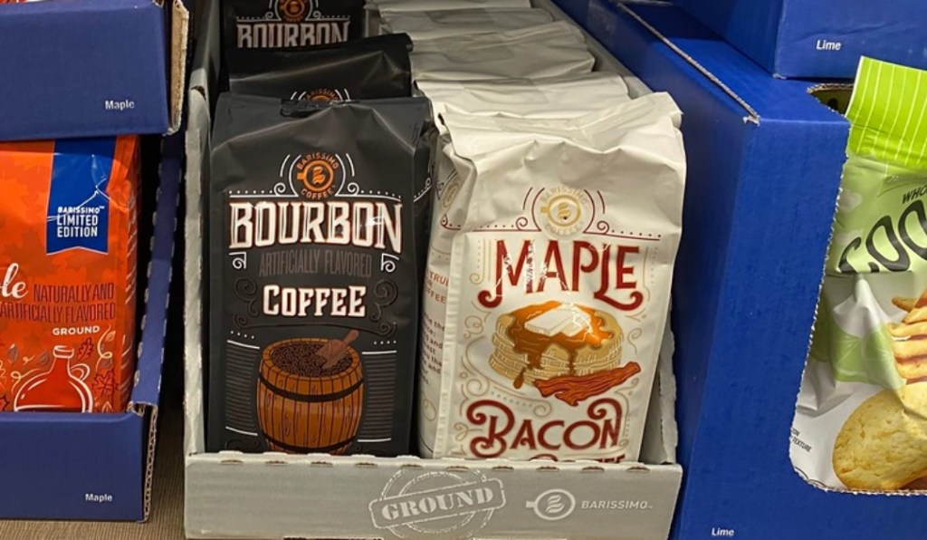 Barissimo Bourbon Coffee, in store on a shelf in ALDI next to Maple Bacon Flavored coffee