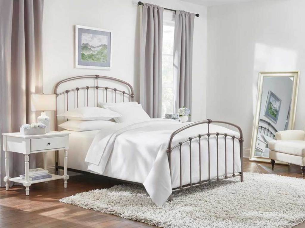 pewter farmhouse bed in bedroom