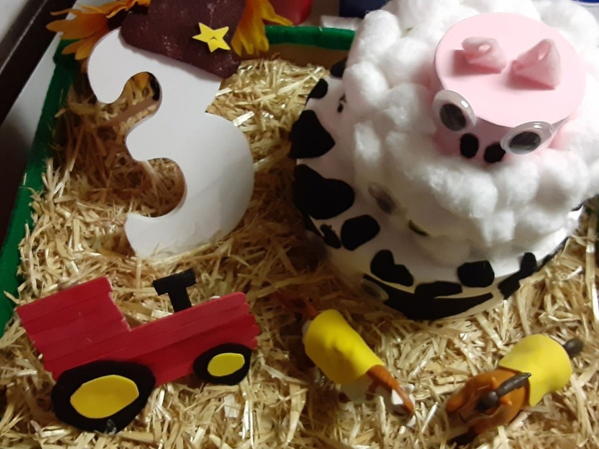 DIY birthday box display with animals, tractor and number 3