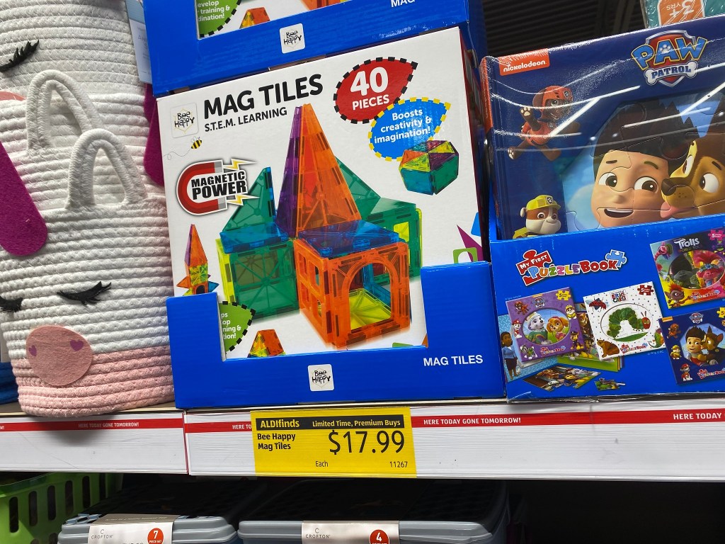 mag tiles at ALDI on shelf