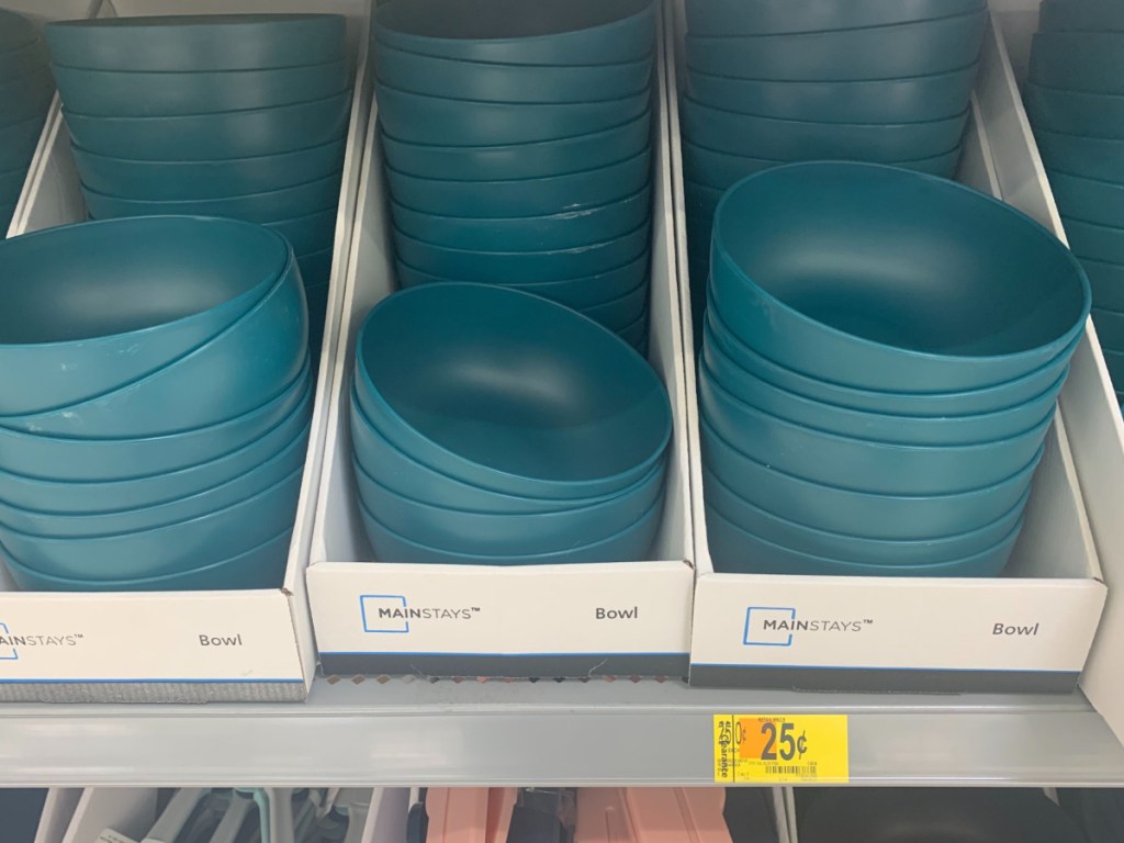 blue plastic bowls on store shelf