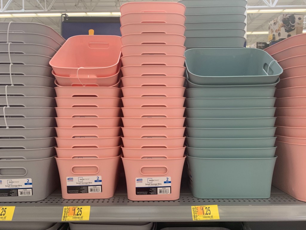 different colors small storage bins on store shelf