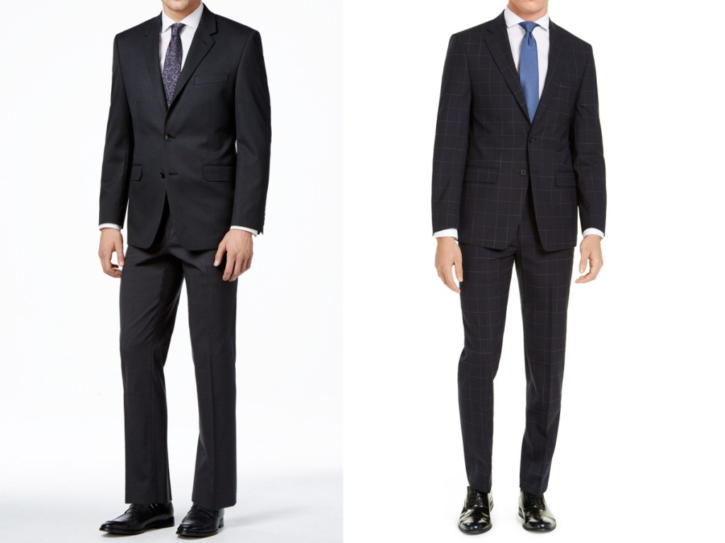 men in black suit and black suit with plaid stripes