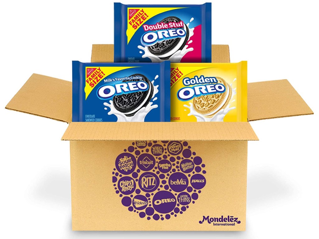 box showing 3 packs of Oreo brand cookies going in