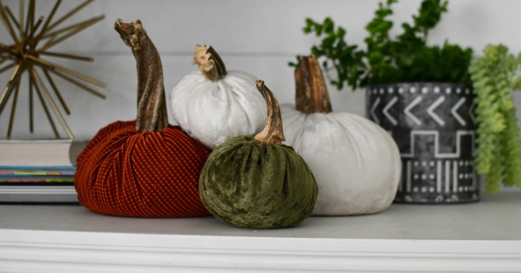 velvet pumpkins displayed on table 