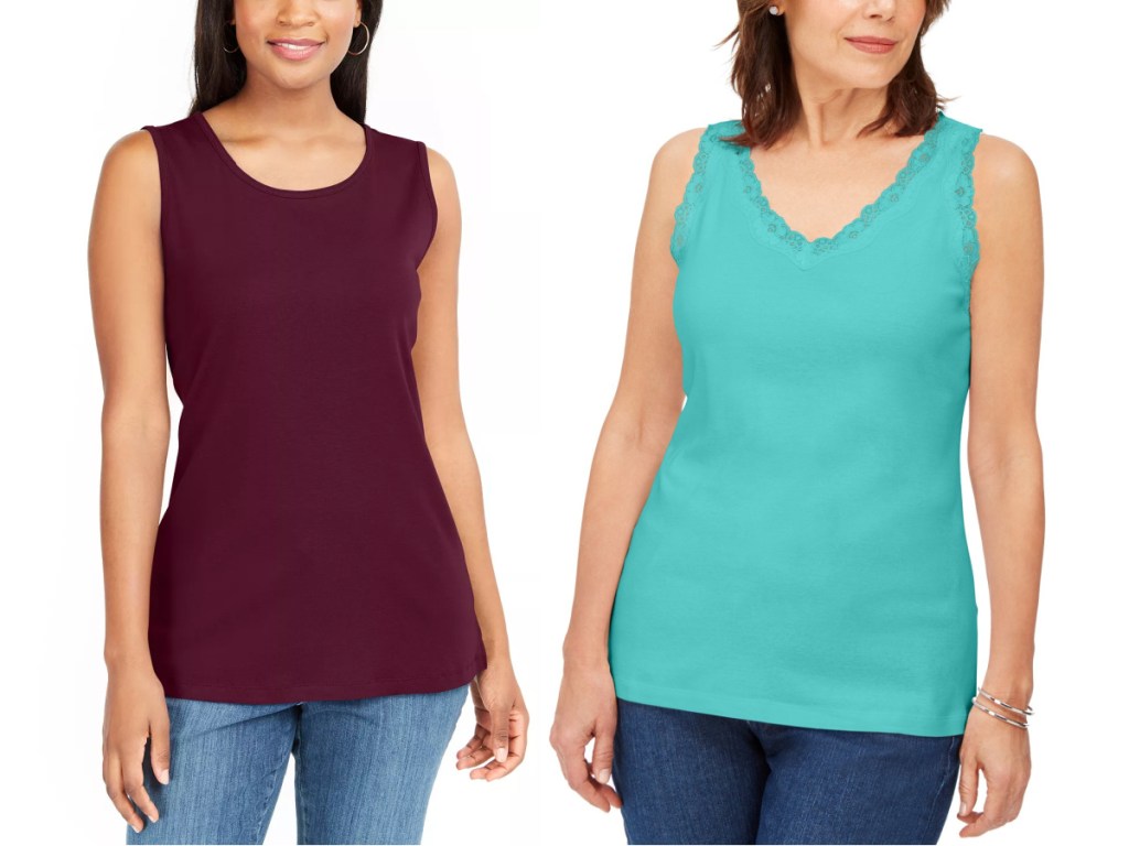women wearing Karen Scott tank tops in burgandy and teal