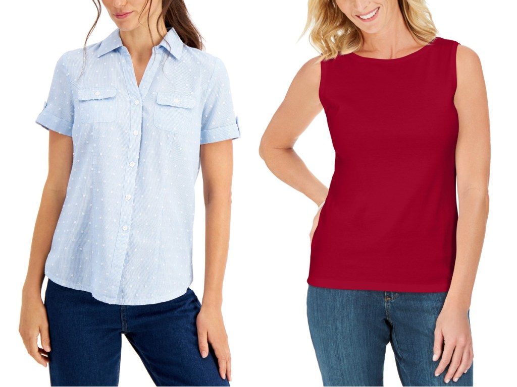 women wearing a light blue button up top and red tank top