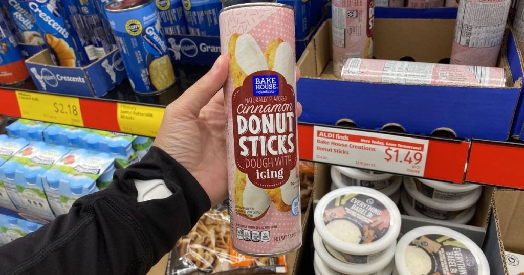 ALDI cinnamon donut sticks in store in hand