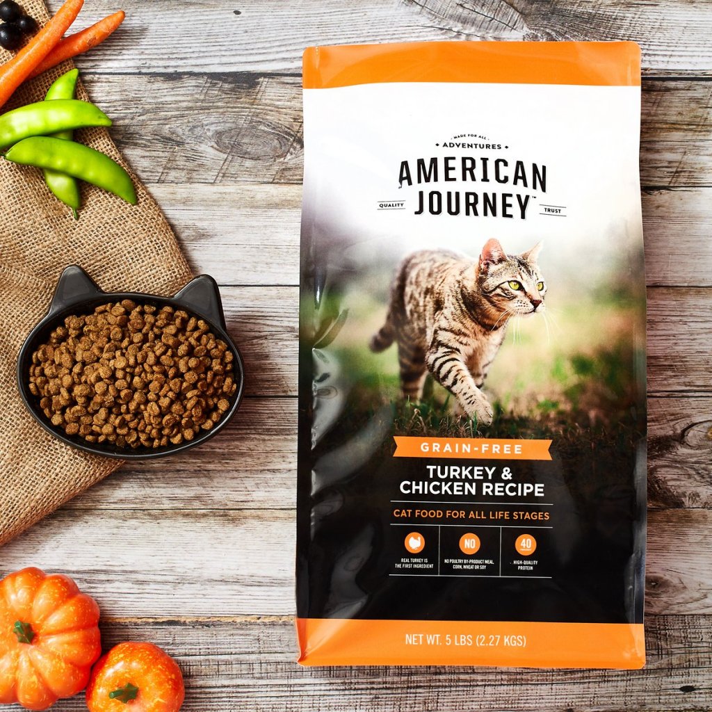 bag of American Journey Cat Food by bowl of food