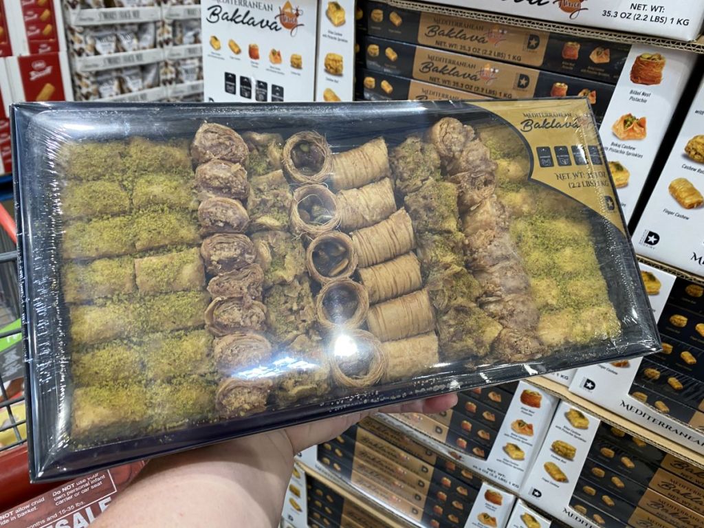 hand holding a large tray of Baklava