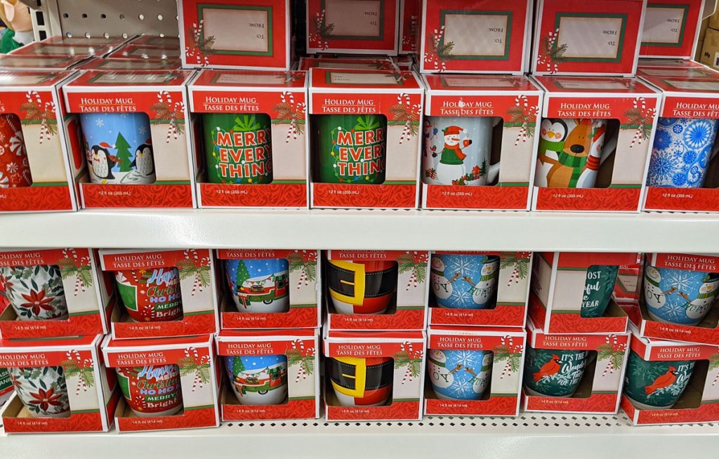 boxed christmas coffee mugs on shelf at dollar tree