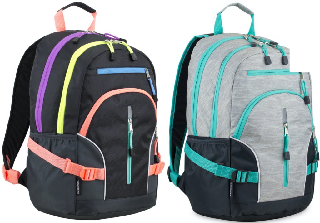black backpack with neon trim and gray backpack with blue trim