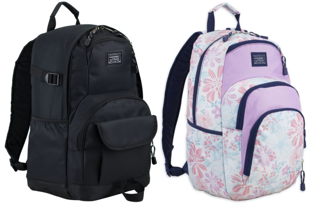 black backpack and purple floral backpack
