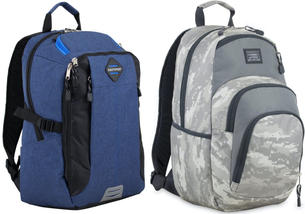 black backpack and gray camo backpack