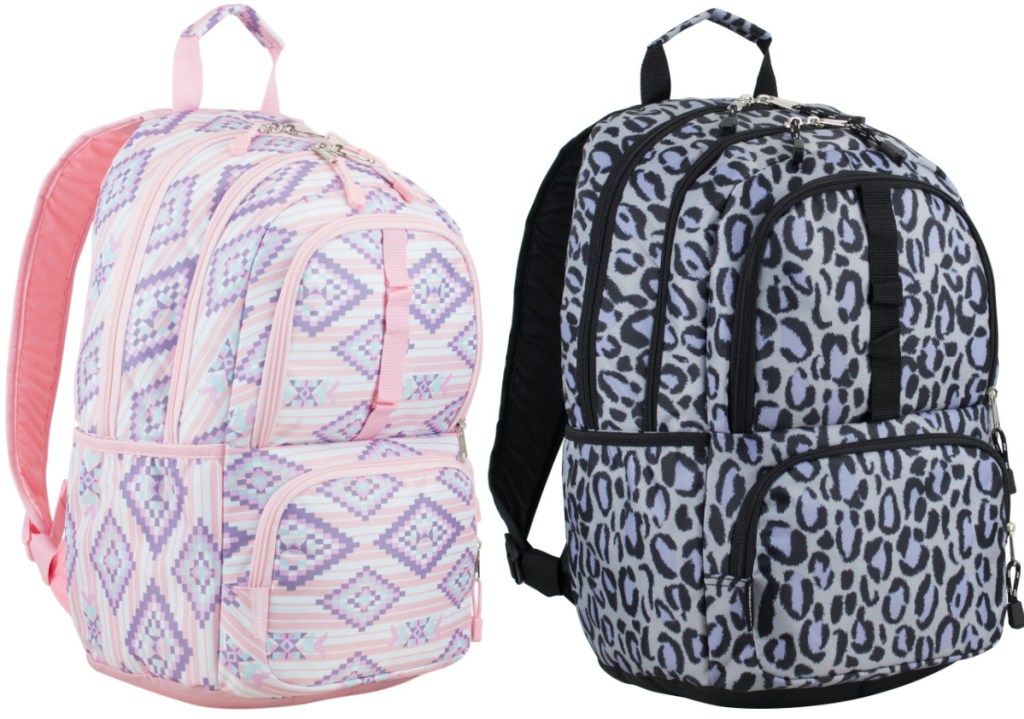 pink and purple aztec print backpack and black and white leopard print backpack