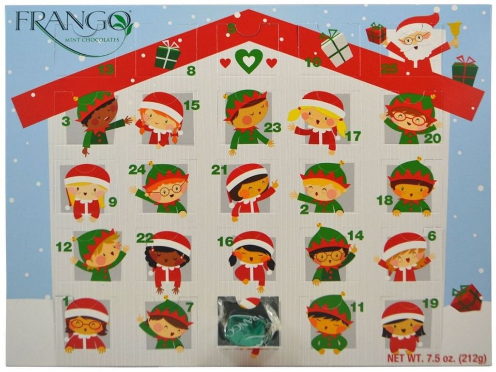 Frango Advent Calendar with elves in each window waving and one window open revealing a Frango chocolate 