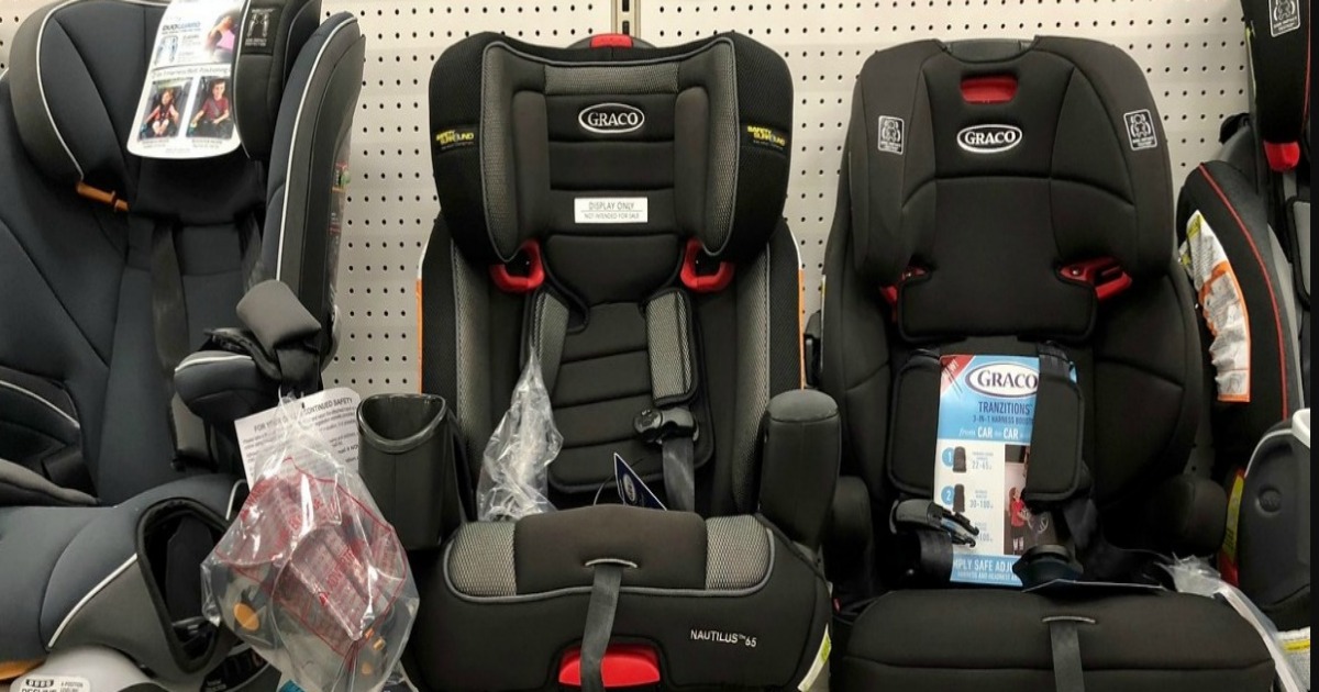 row of car seats on shelf