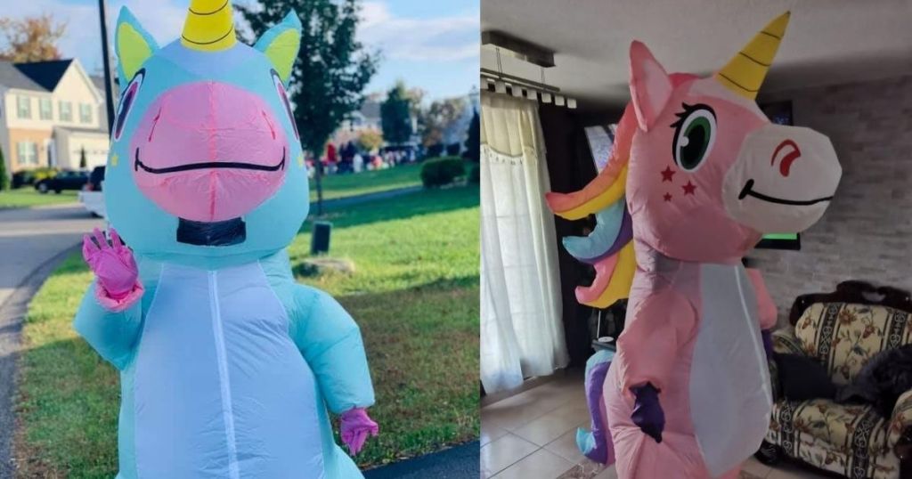 two images of people in inflatable unicorn costumes